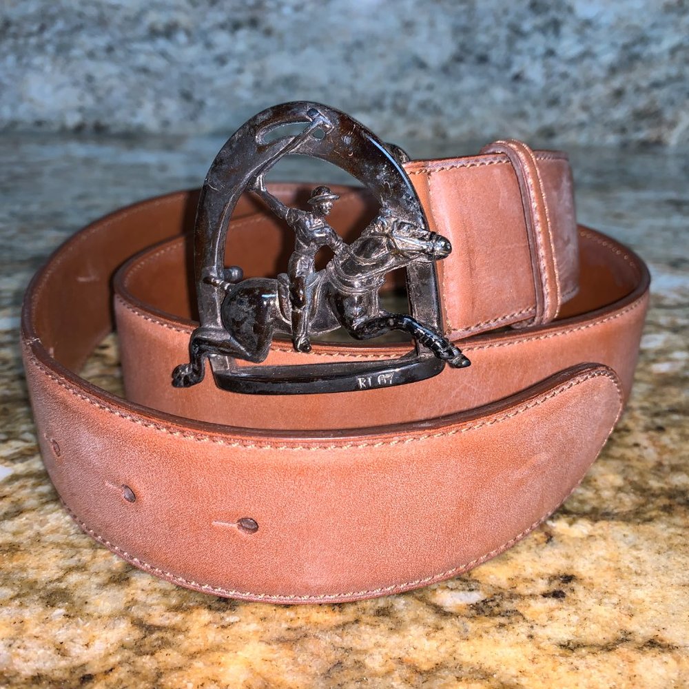 RARE POLO RALPH LAUREN Silver Charged Pony Figurine Leather Belt SzM MINT! $1500